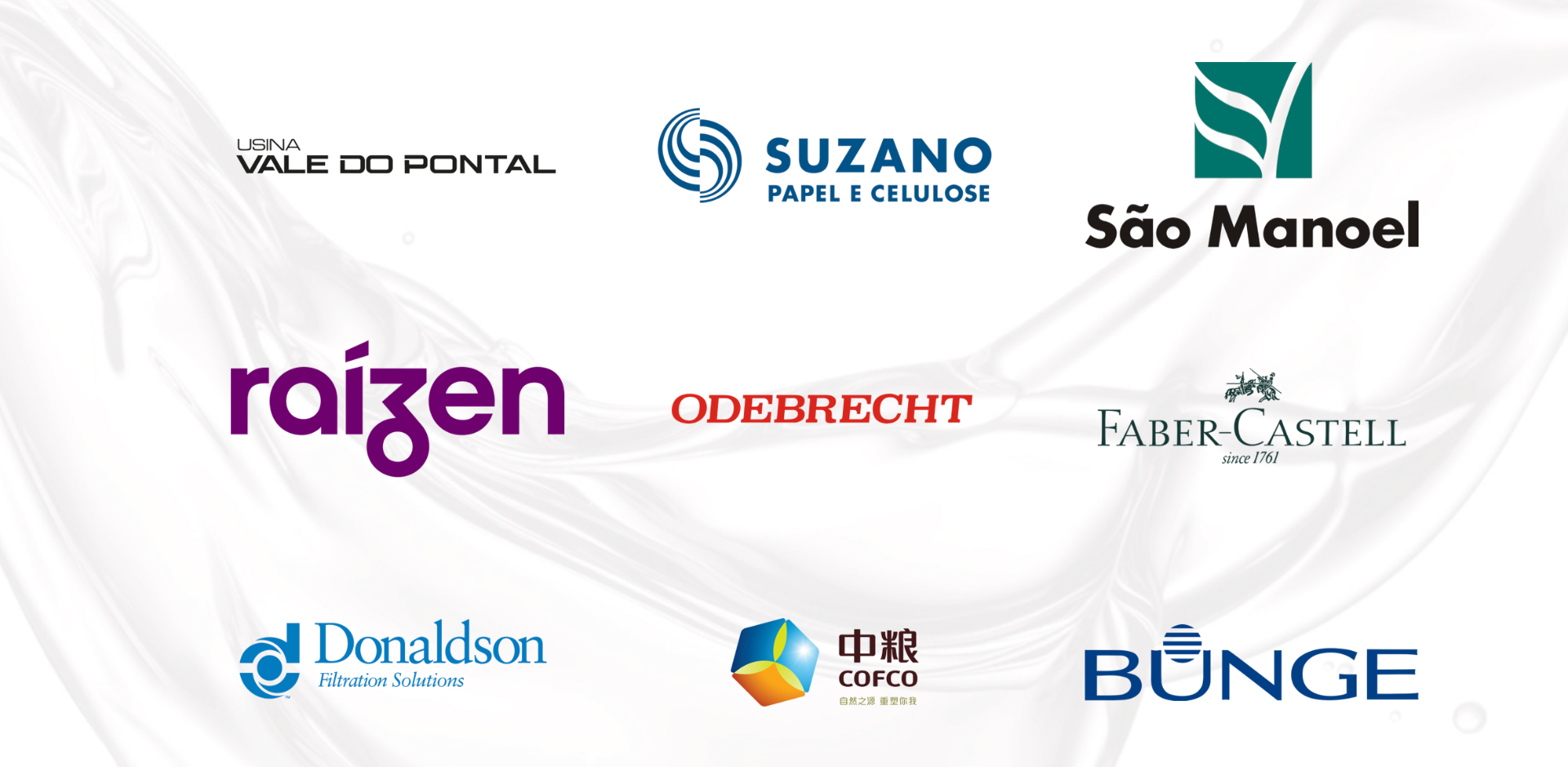 Logos dos principais clientes Limax: Usina Vale do Pontal, Suzano, São Manoel, Raízen, Odebrecht, Faber-Castell, Donaldson, COFCO e Bunge